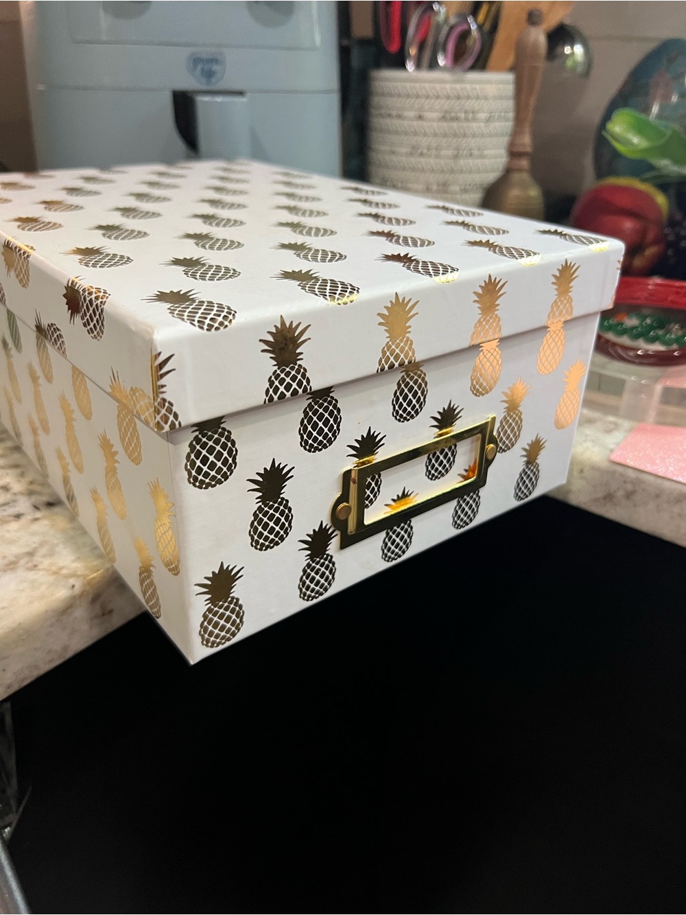 White Storage Box with Gold Pineapple Print EXCELLENT CONDITION